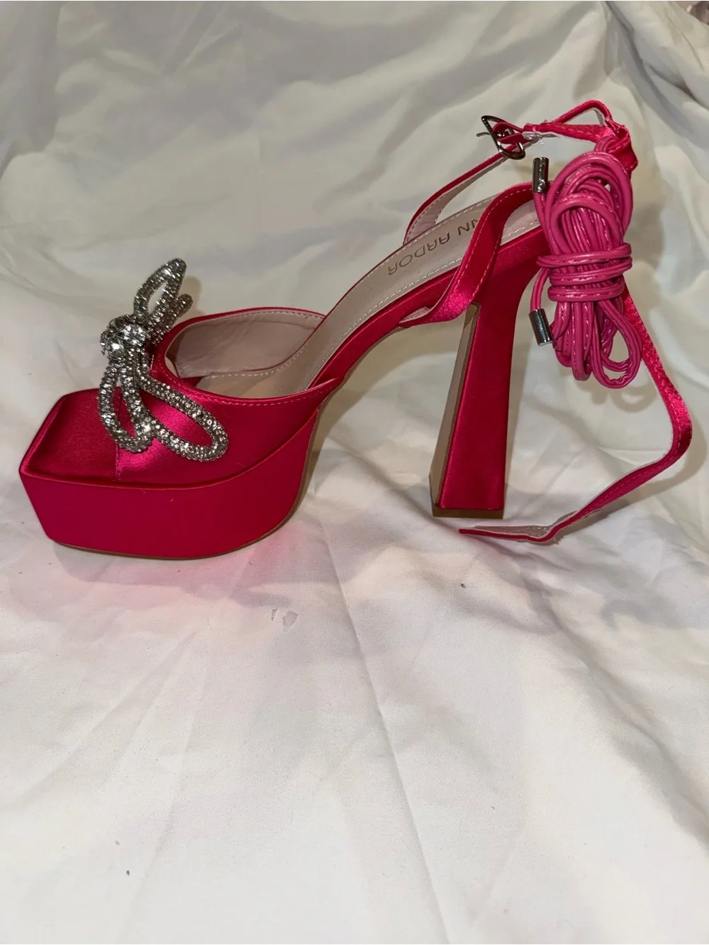 SHEIN Hot Pink Satin Platform Heeled Sandals with Crystal Bow